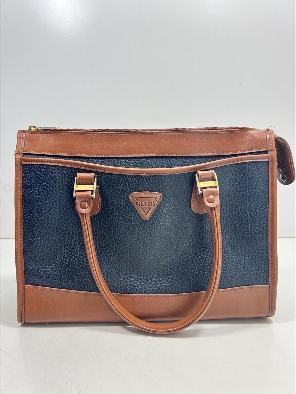 Vintage 90s Guess Blue & Tan Trim Pebble Leather Double Handle Bag Large - Picture 1 of 9